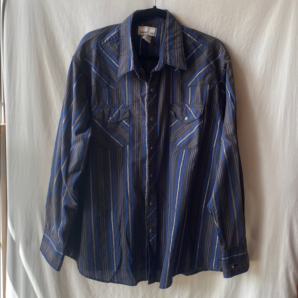 Vintage Wrangler Pearl Snap Blue and Black Striped Shirt